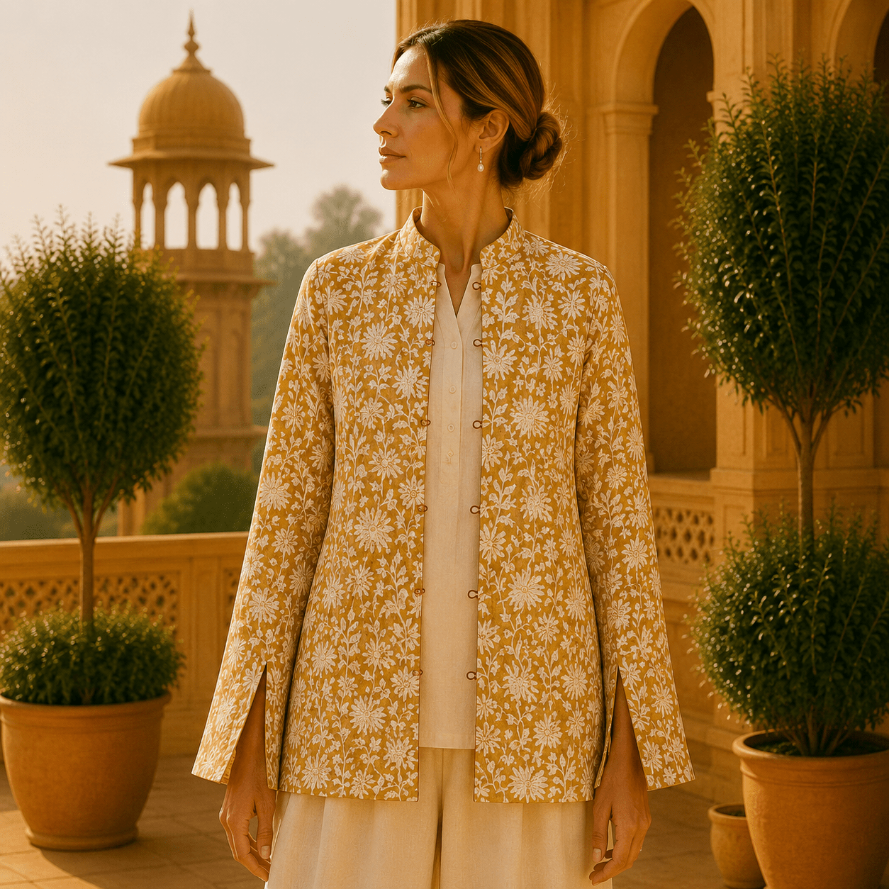 Chaqueta Doble Faz de Seda Mostaza Patchwork - BOUTIQUEDELAINDIA