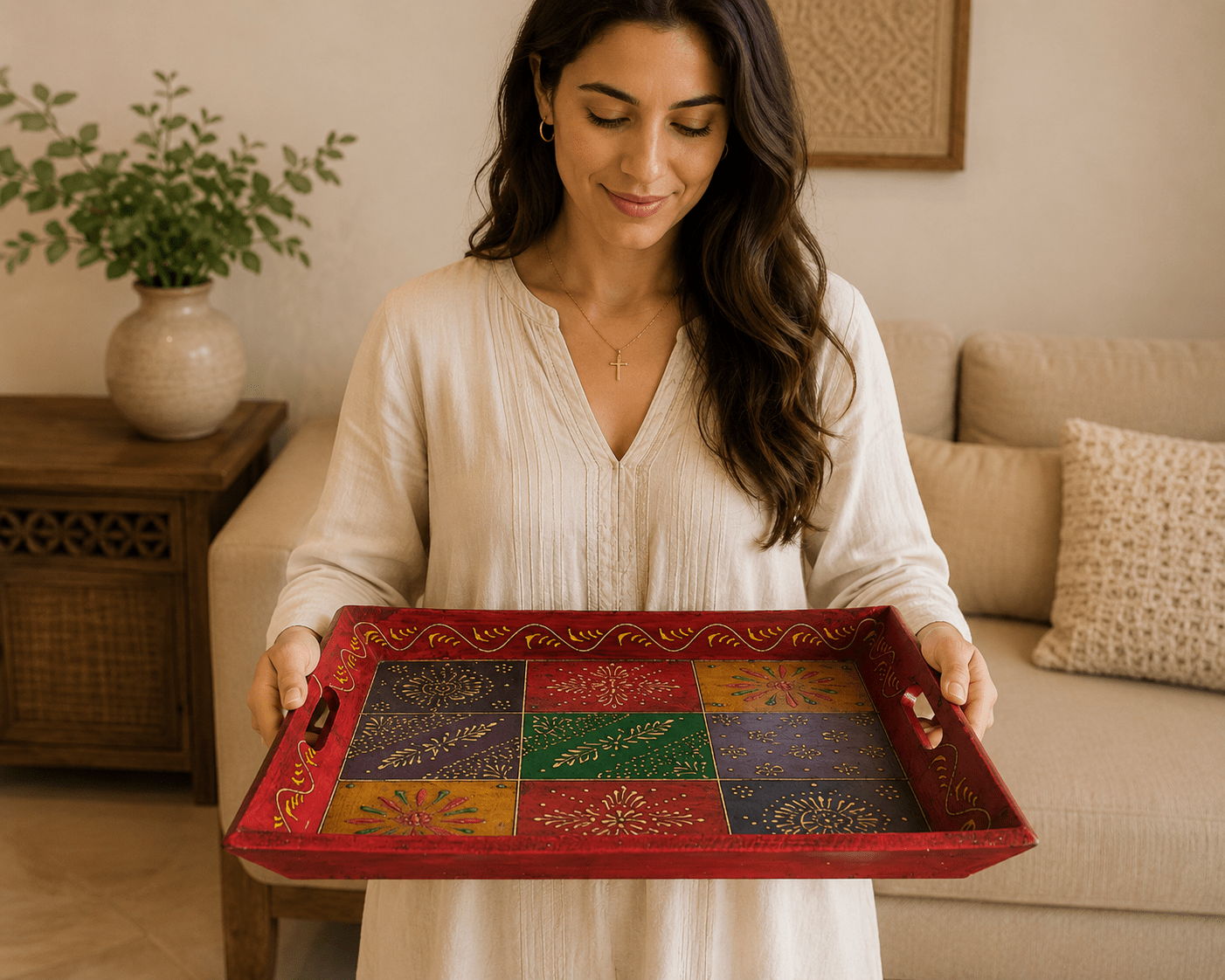 Bandeja Artesanal Ananda de Madera Mediana - BOUTIQUEDELAINDIA