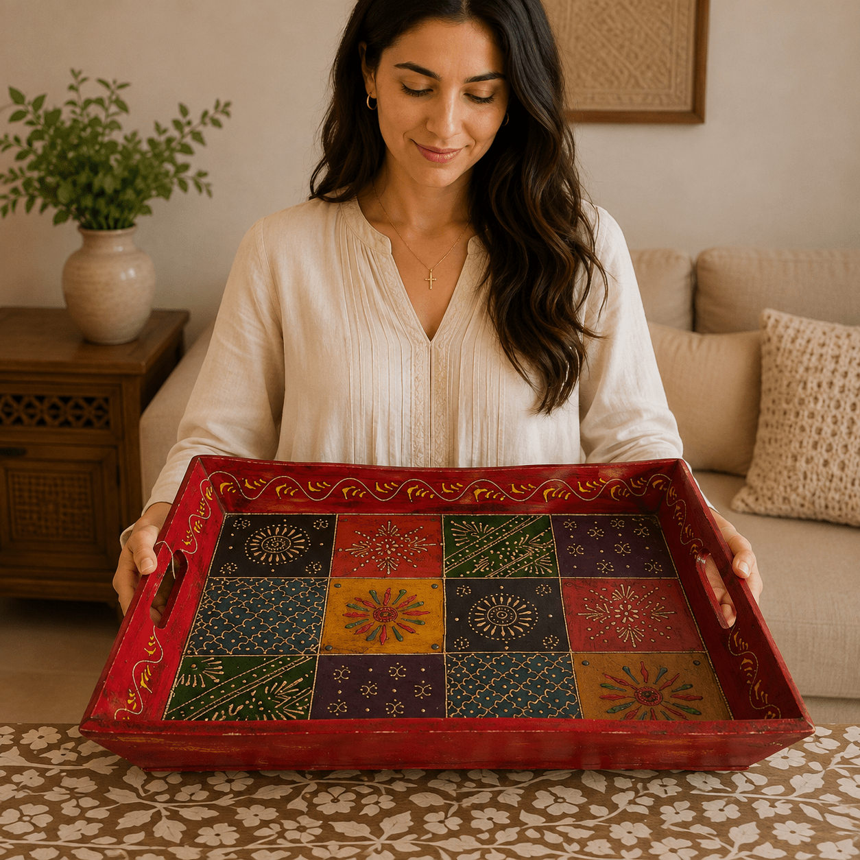 Bandeja Artesanal Ananda de Madera Grande - BOUTIQUEDELAINDIA