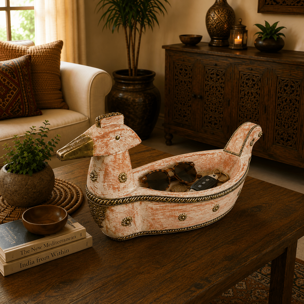 Figura Decorativa Artesanal Mayura Coral y Dorado - BOUTIQUEDELAINDIA