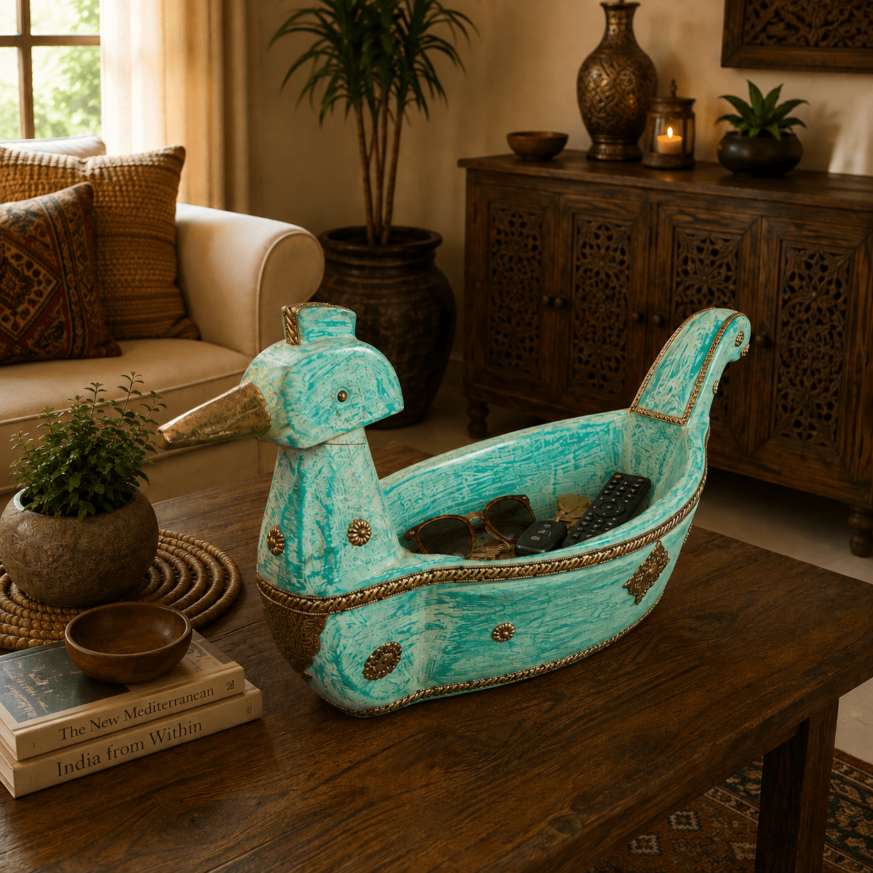 Figura Decorativa Artesanal Shveta Mayura Turquesa Real - BOUTIQUEDELAINDIA
