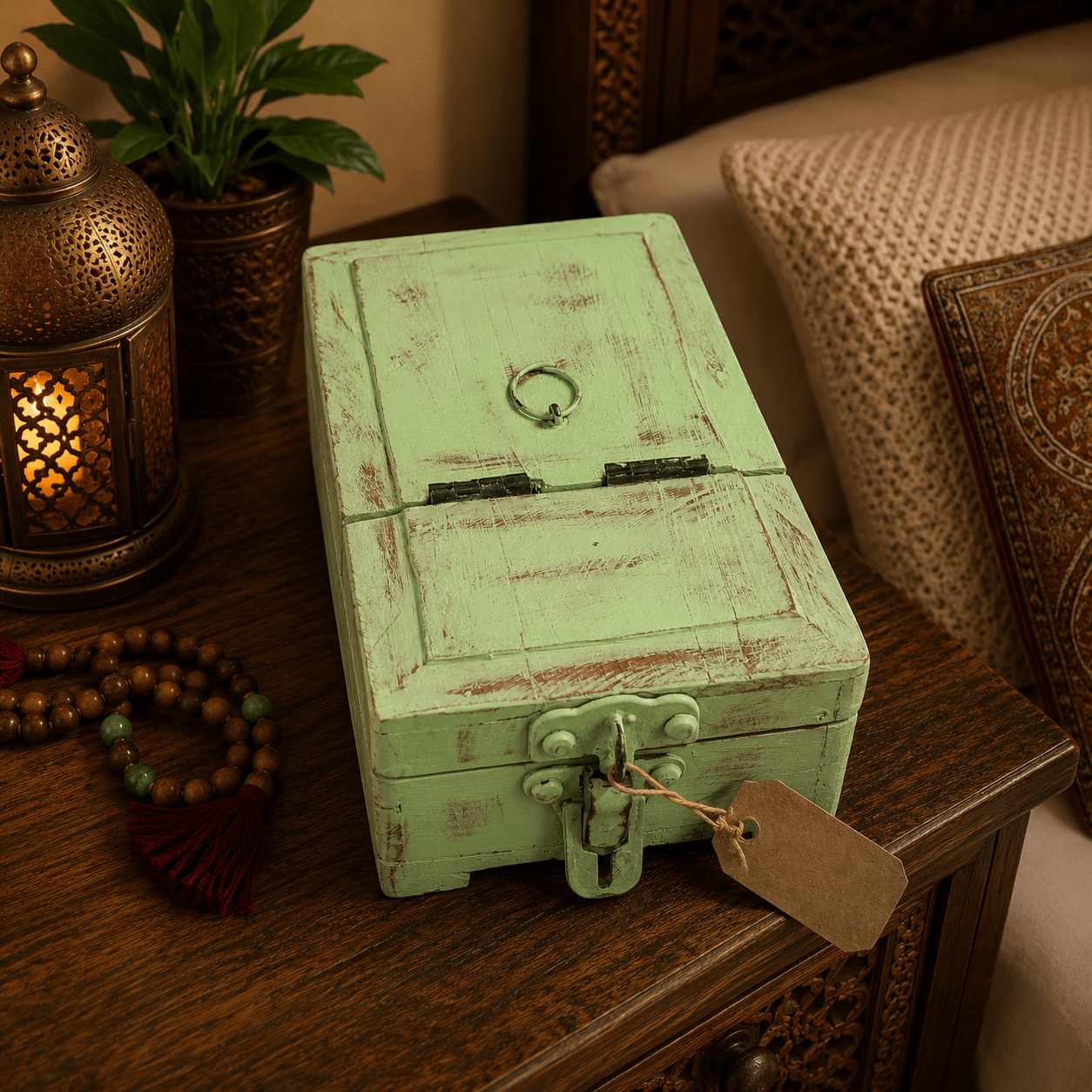 Joyero Artesanal Prakriti Verde con Espejo Plegable - BOUTIQUEDELAINDIA