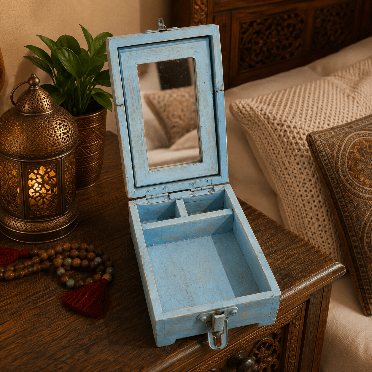 Joyero Artesanal Nila Azul con Espejo Plegable - BOUTIQUEDELAINDIA