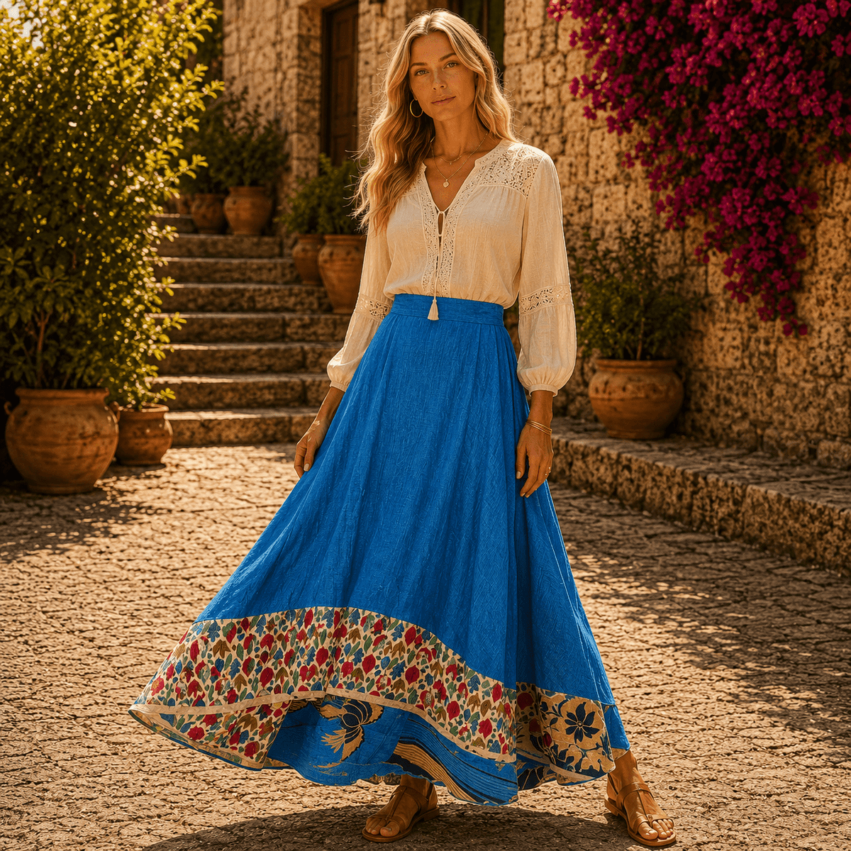 Falda Mágica Larga Kamala Azul Doble Faz - BOUTIQUEDELAINDIA