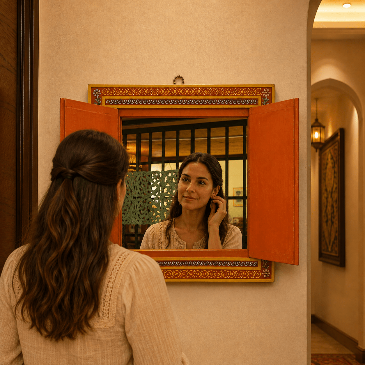 Espejo Artesanal con Puertas y Escena Oriental Pintada - BOUTIQUEDELAINDIA