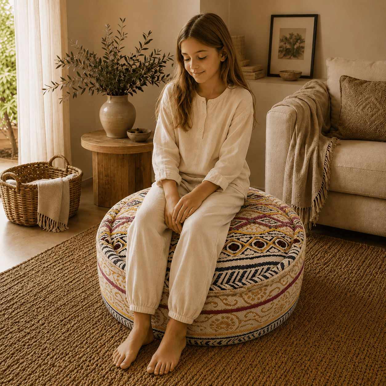 Puff Circular Asha Bordado Amarillo - BOUTIQUEDELAINDIA