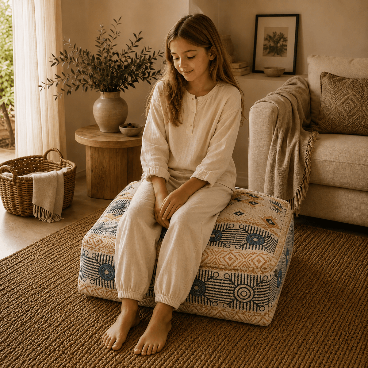 Puff Cuadrado Ishani Mostaza Bordado - BOUTIQUEDELAINDIA