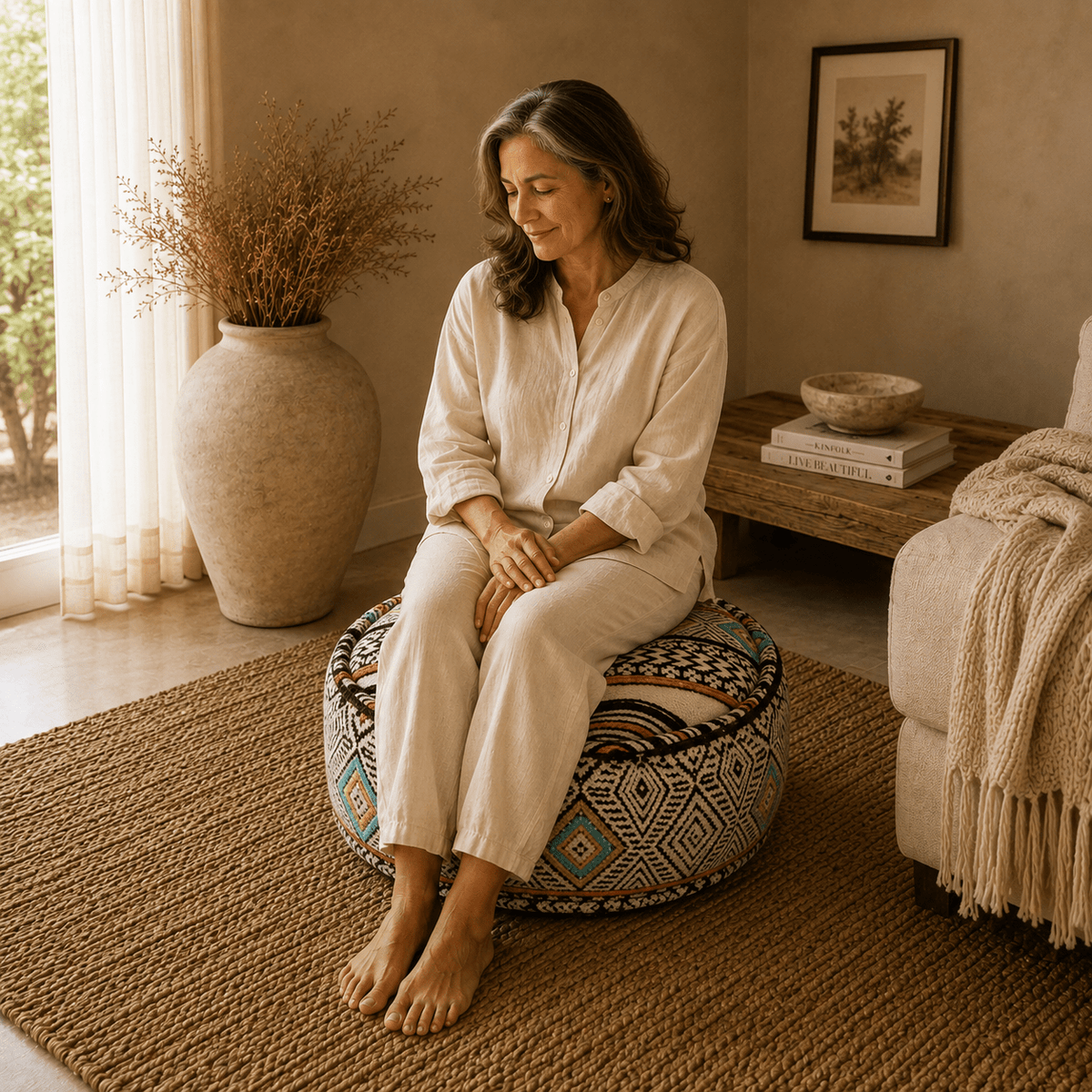 Puff Circular Surya Mostaza Bordado - BOUTIQUEDELAINDIA