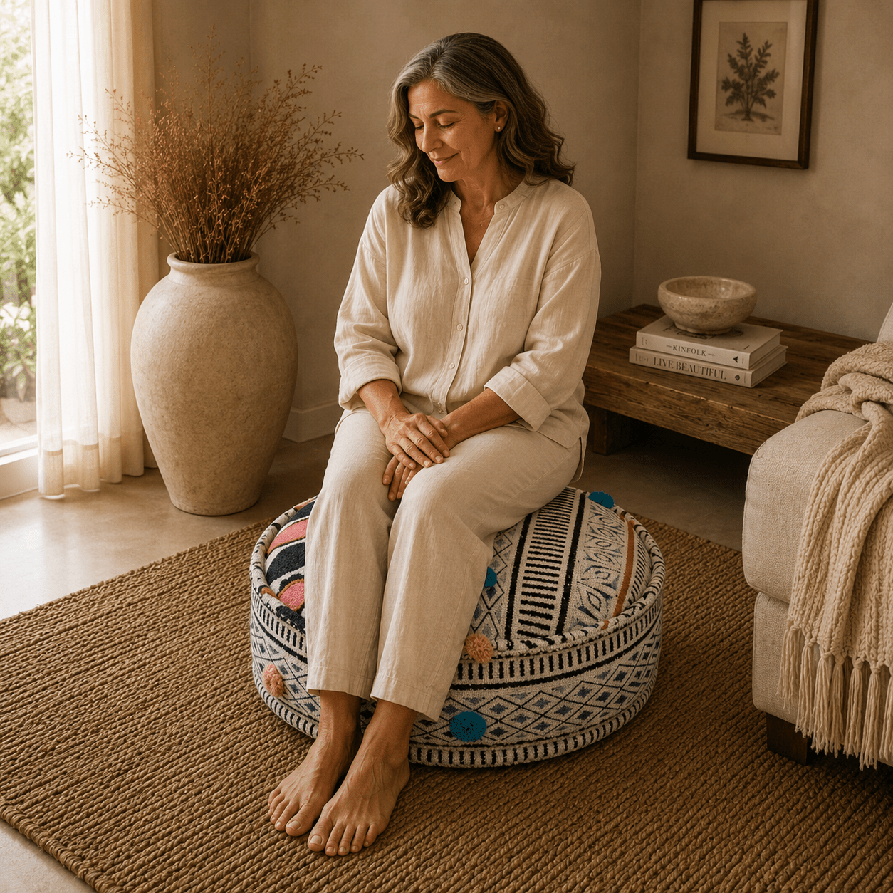 Puff Cicular Padma Coral Bordado - BOUTIQUEDELAINDIA