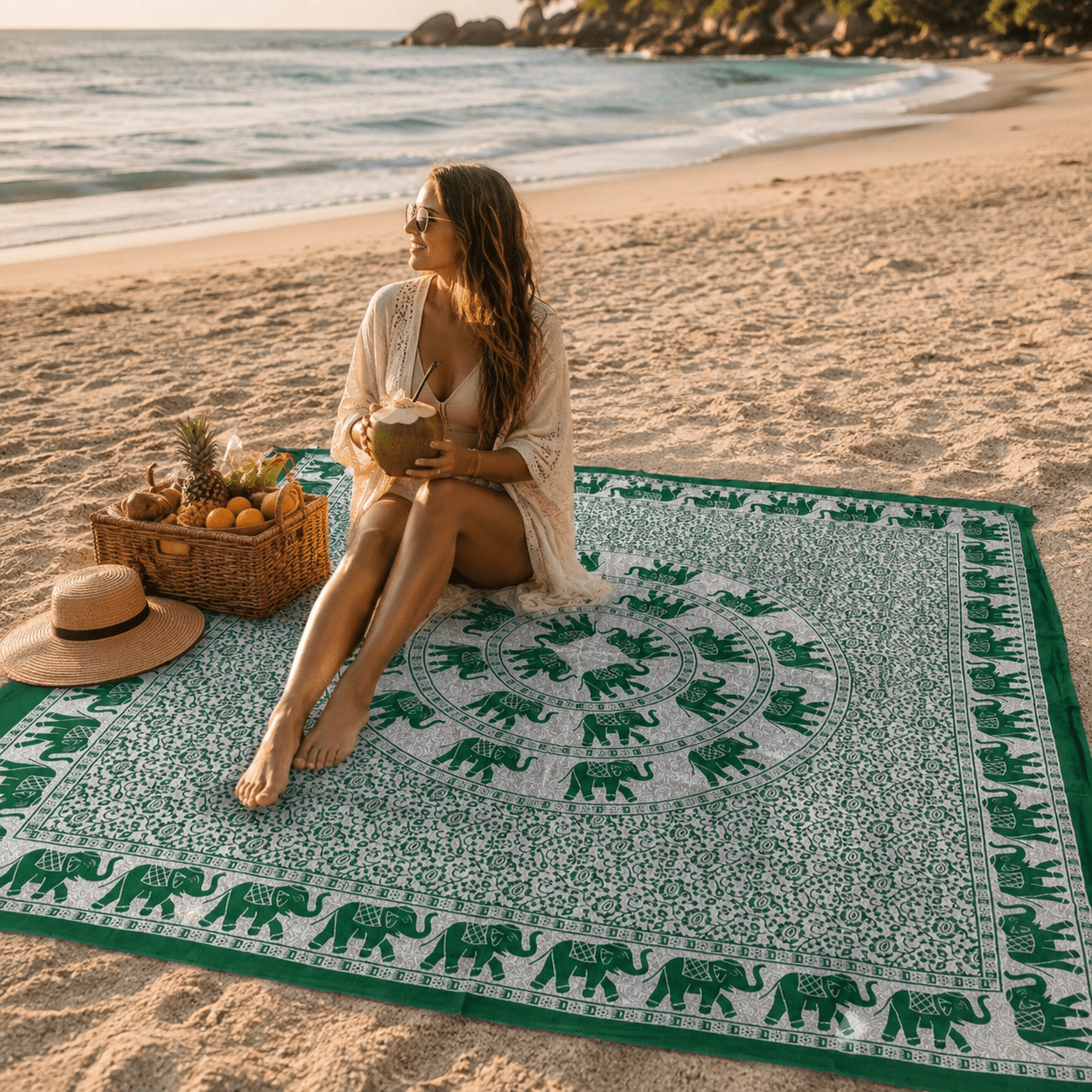 Tela Decorativa Mandala de Elefantes Verde Esmeralda - BOUTIQUEDELAINDIA