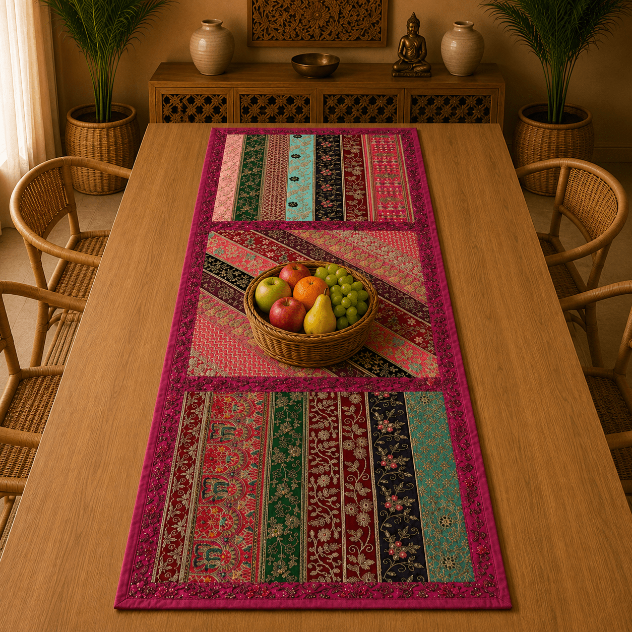 Camino de Mesa Fucsia con Bordados Multicolor y Diseño Tradicional - BOUTIQUEDELAINDIA