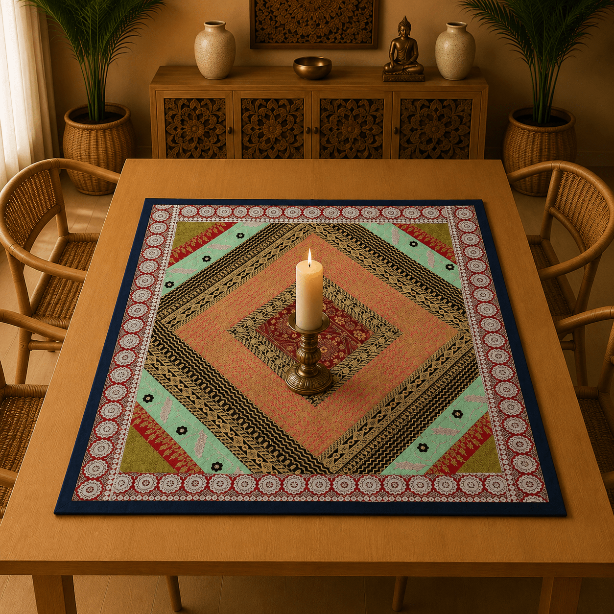 Mantel Cuadrado Artesanal con Bordados Tradicionales - BOUTIQUEDELAINDIA