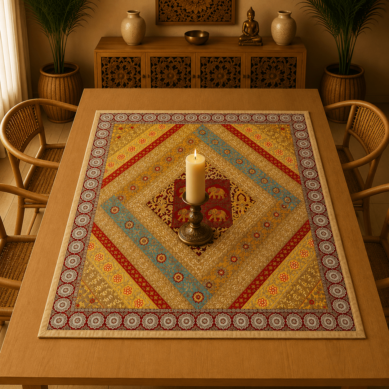 Mantel Cuadrado con Elefantes Bordados - BOUTIQUEDELAINDIA