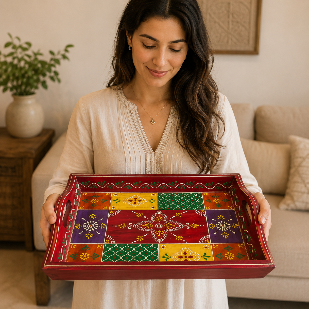 Bandeja artesanal, bandeja de madera, bandeja decorativa, Boutique de la India Colombia