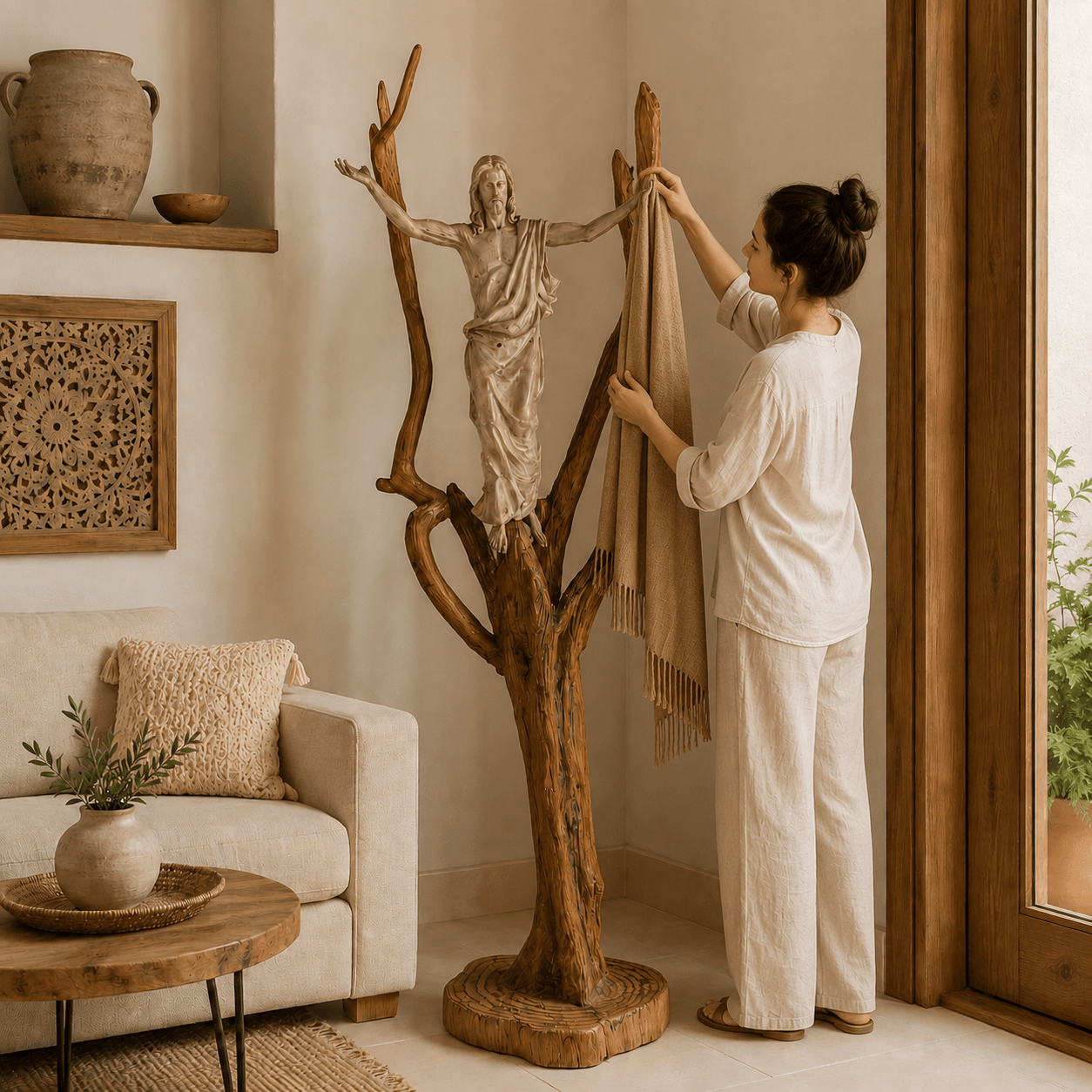 Figura Cristo Resucitado sobre Árbol de Madera Natural - BOUTIQUEDELAINDIA
