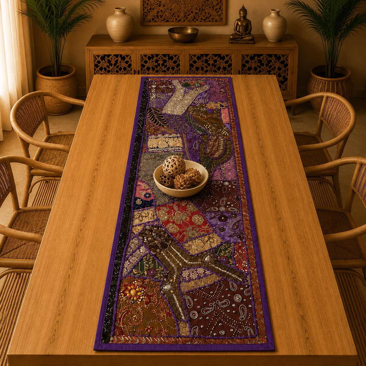 Camino de Mesa Morado con Bordados Tradicionales - BOUTIQUEDELAINDIA