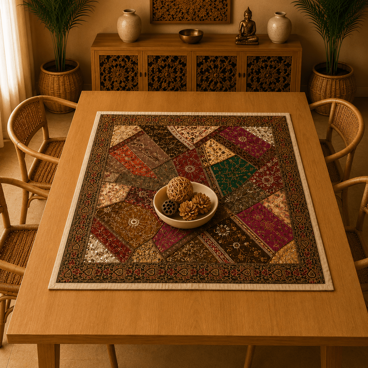 Mantel Decorativo Patchwork Vintage con Bordados Artesanales - BOUTIQUEDELAINDIA