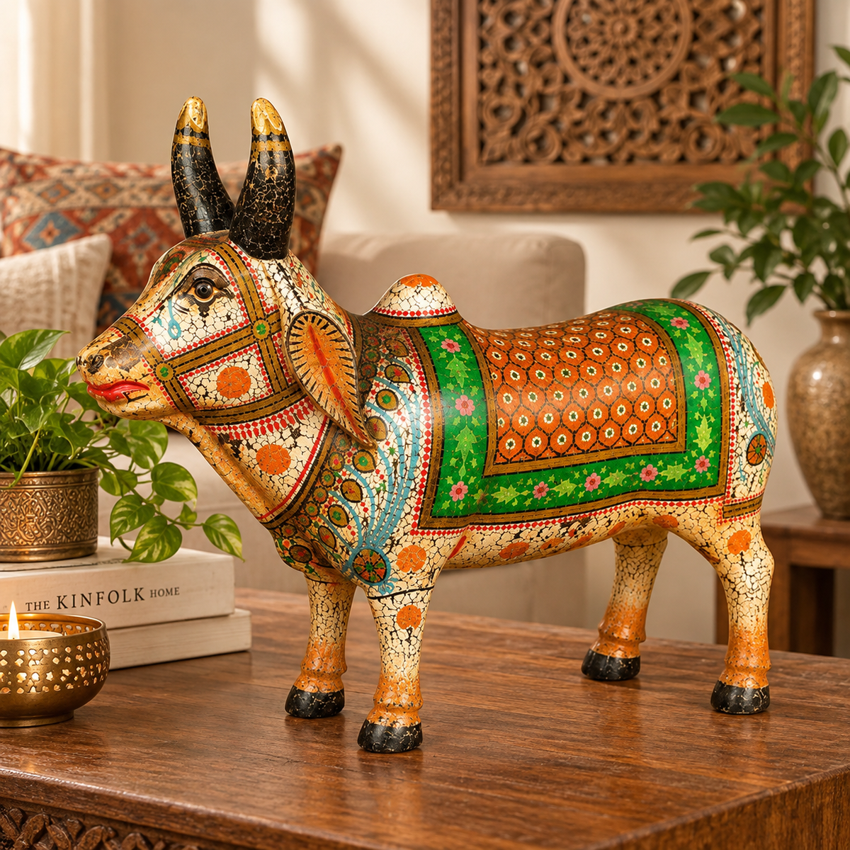 Toro Decorativo Hindú Tallado y Pintado a Mano - BOUTIQUEDELAINDIA