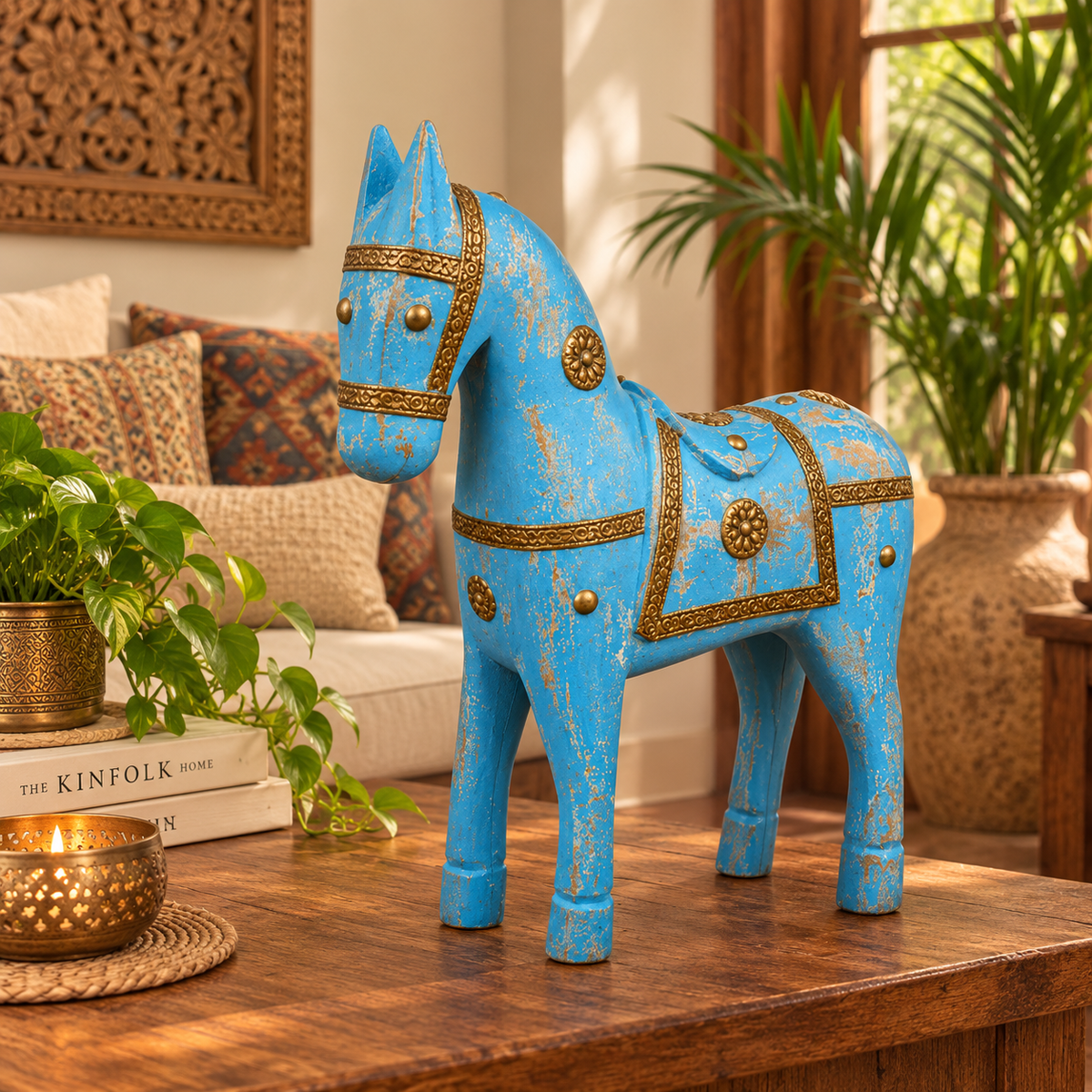 Caballo Decorativo Azul Tallado a Mano - BOUTIQUEDELAINDIA