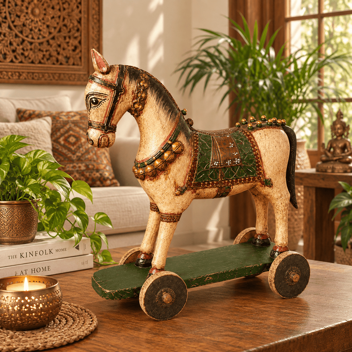 Caballo Decorativo Tallado a Mano de la India sobre Ruedas - BOUTIQUEDELAINDIA
