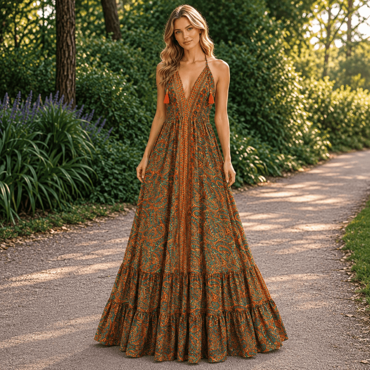 Vestido Mara Largo Mostaza Elegancia de la India - BOUTIQUEDELAINDIA