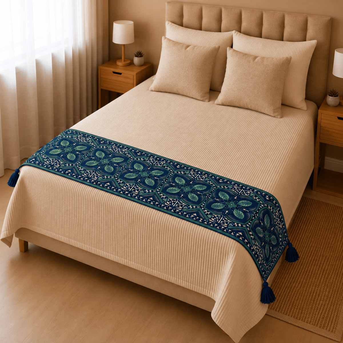 Camino de Mesa de Lino Kerala Azul con detalles Verdes - BOUTIQUEDELAINDIA