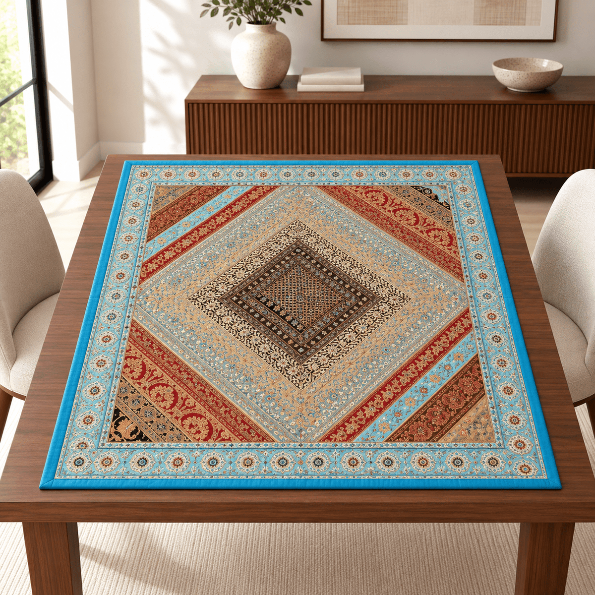 Mantel Cuadrado Arabesco Turquesa - BOUTIQUEDELAINDIA
