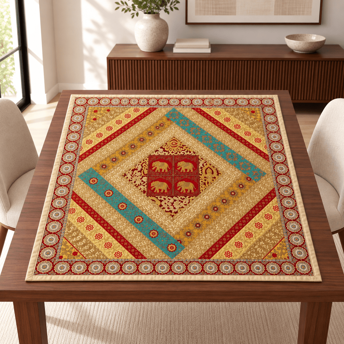 Mantel Cuadrado con Elefantes Bordados - BOUTIQUEDELAINDIA