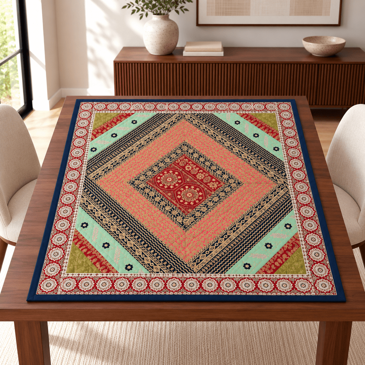 Mantel Cuadrado Artesanal con Bordados Tradicionales - BOUTIQUEDELAINDIA