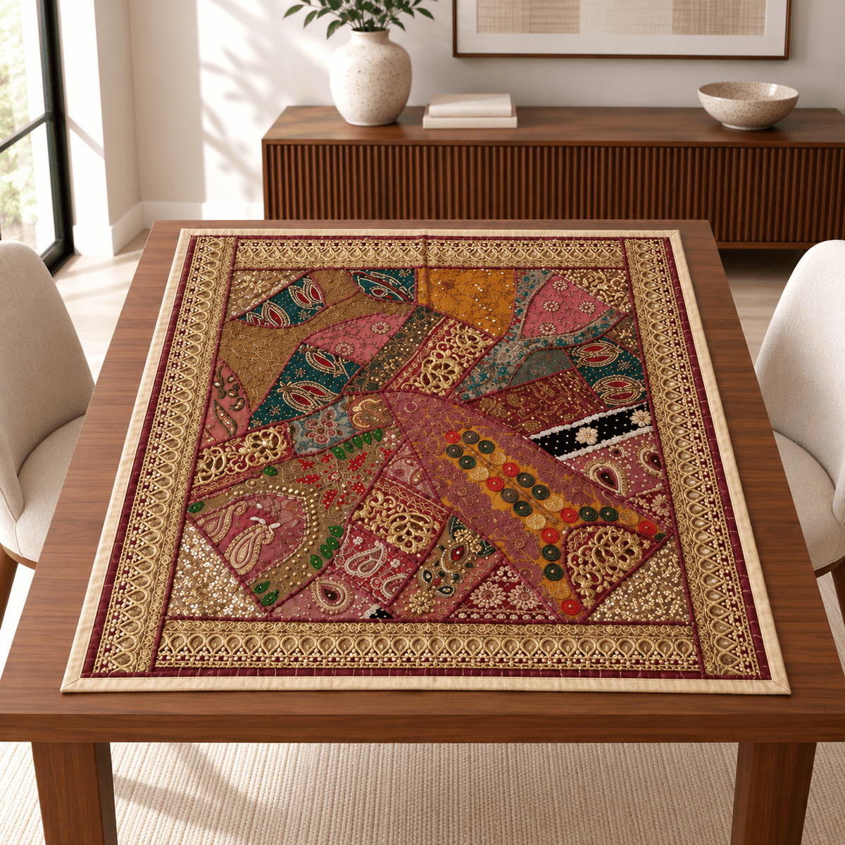 Mantel Patchwork Burdeos con Bordados Artesanales de Inspiración India - BOUTIQUEDELAINDIA