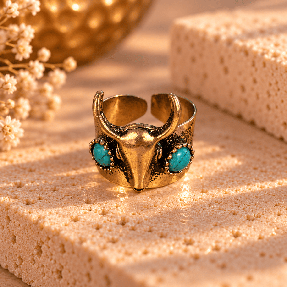 Anillo Nandi Toro en Bronce con Piedras Turquesa - BOUTIQUEDELAINDIA