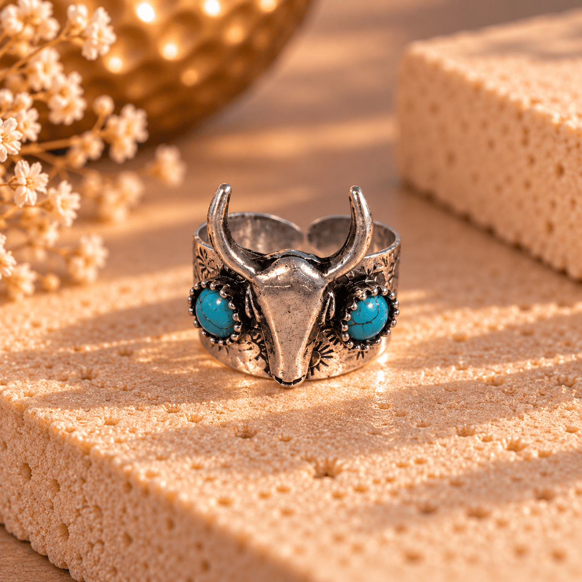 Anillo Nandi Plateado en Bronce con Turquesas - BOUTIQUEDELAINDIA