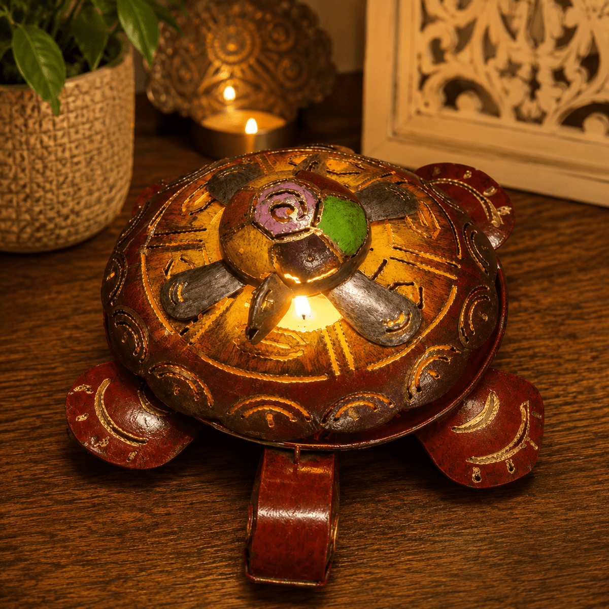 Porta vela Decorativo Tortuga Floral en Metal - BOUTIQUEDELAINDIA