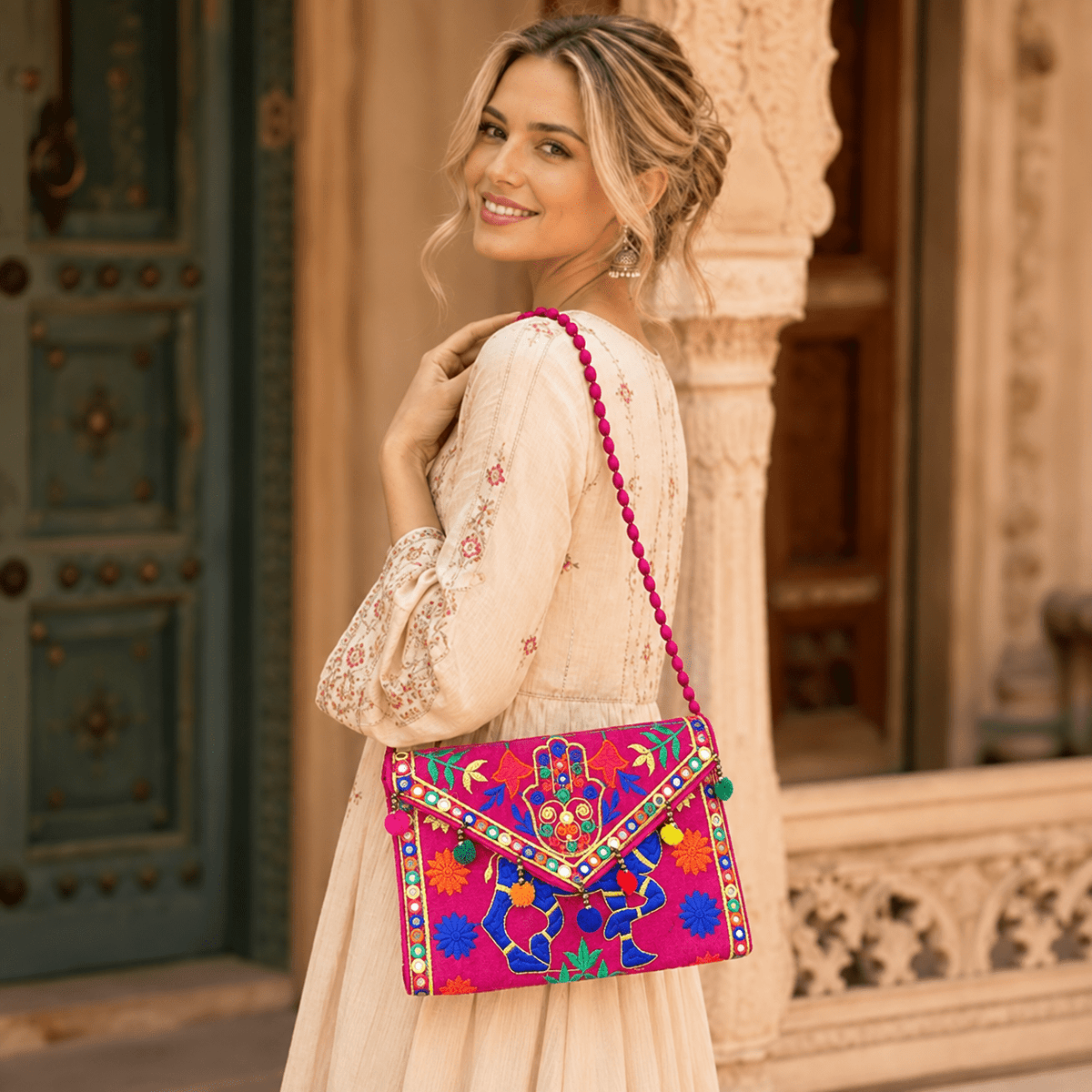 Cartera Vaidehi Bordado Fucsia con Detalles Étnicos - BOUTIQUEDELAINDIA