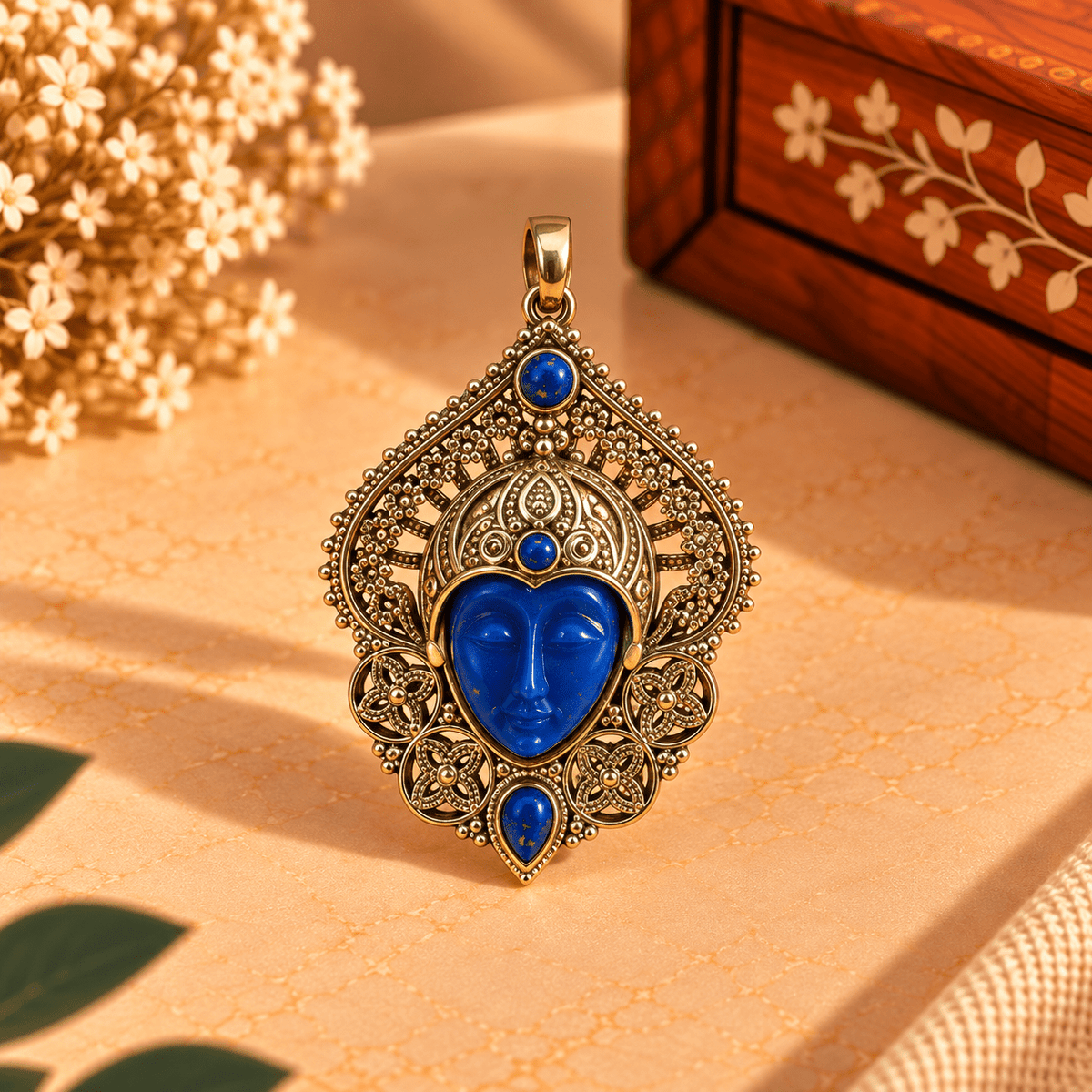 Dije de Bronce Devika Azul Celestial con Rostro Tallado en Piedra - BOUTIQUEDELAINDIA