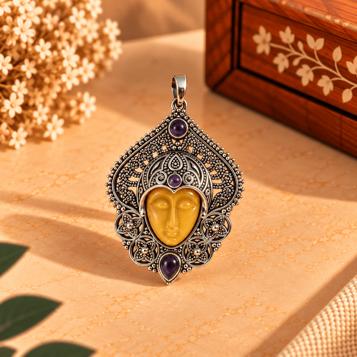Dije de Bronce Plateado con Rostro Amarillo y Piedras Violetas - BOUTIQUEDELAINDIA