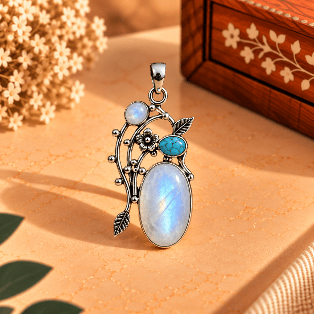 Dije de Bronce Plateado Vanisha con Piedra Blanca y Detalles Turquesa - BOUTIQUEDELAINDIA