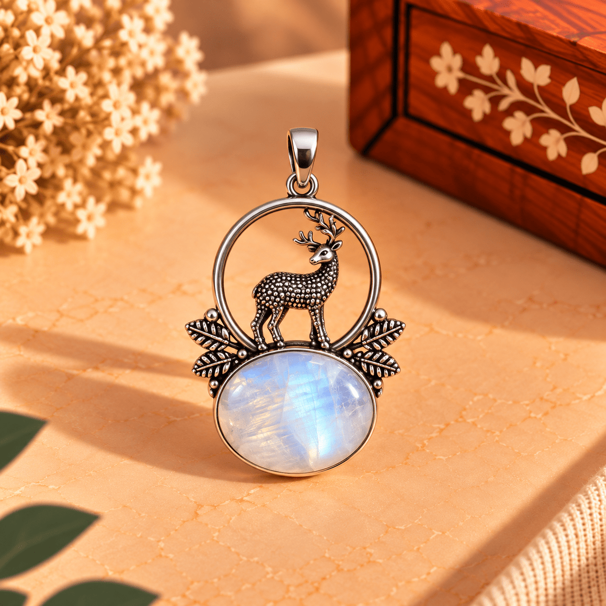 Dije de Bronce Plateado Mriga con Ciervo y Piedra Blanca - BOUTIQUEDELAINDIA