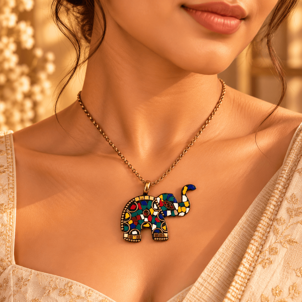 Dije Elefante Avni en Bronce con Incrustaciones - BOUTIQUEDELAINDIA