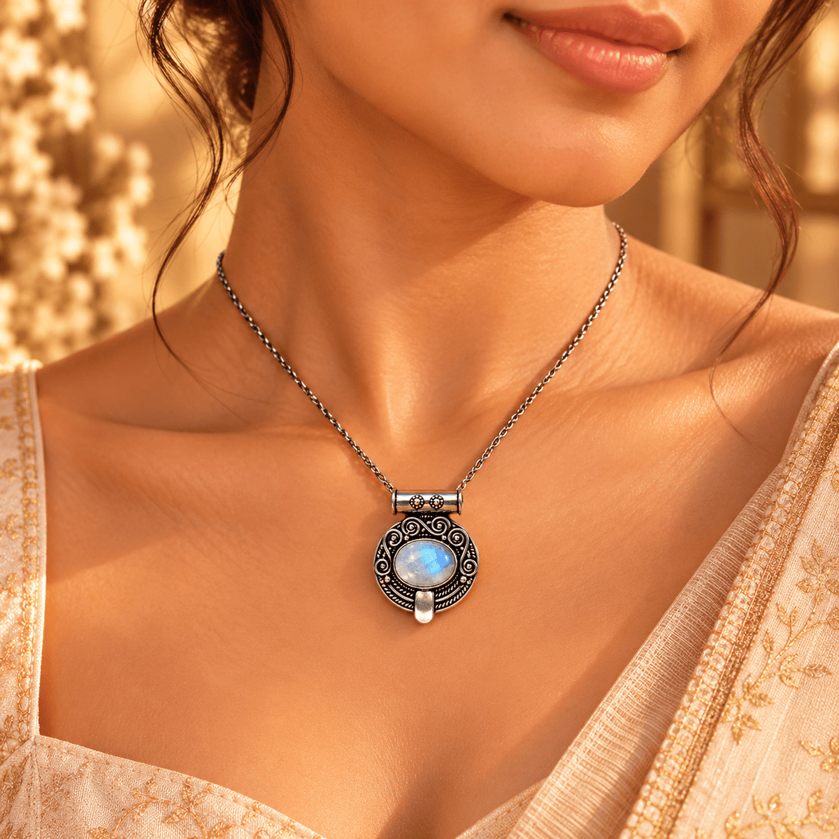 Dije de Bronce Plateado Chandrika con Piedra Blanca - BOUTIQUEDELAINDIA