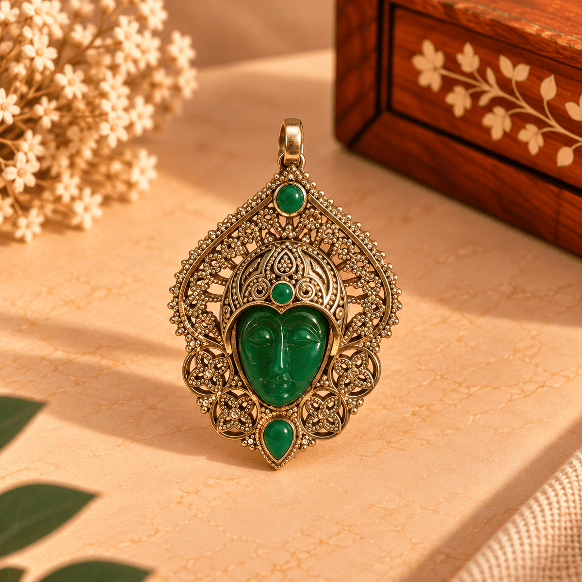Dije de Bronce Devi Shakti con Rostro Tallado en Piedra Verde - BOUTIQUEDELAINDIA