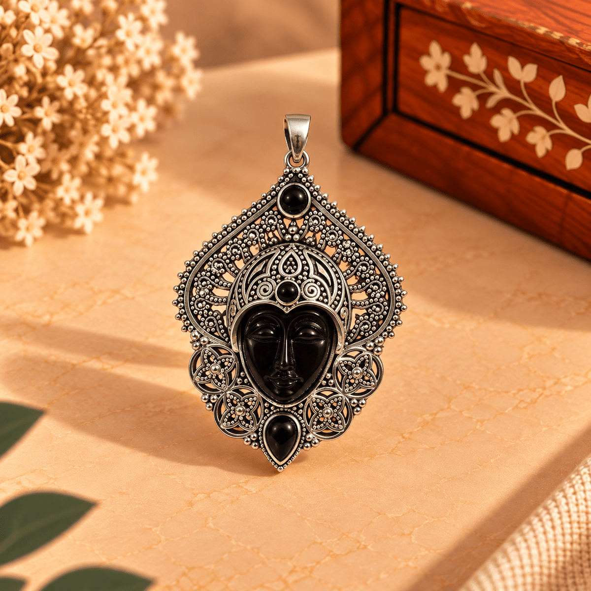 Dije de Bronce Plateado Kali Nisha con Rostro en Piedra Negra - BOUTIQUEDELAINDIA