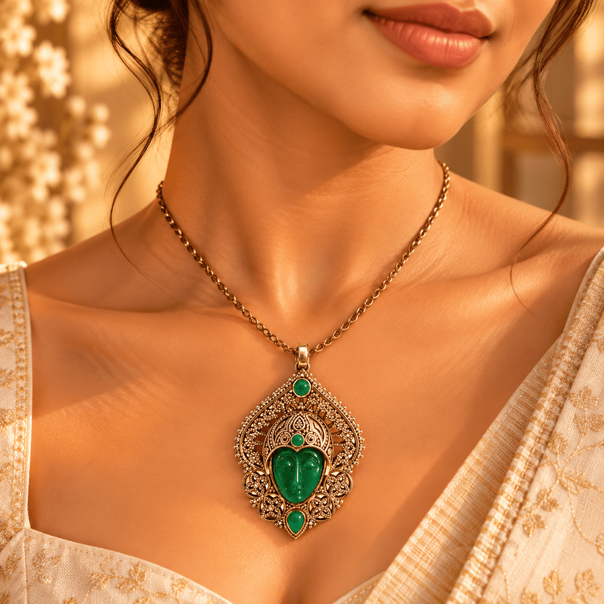 Dije de Bronce Devi Shakti con Rostro Tallado en Piedra Verde - BOUTIQUEDELAINDIA