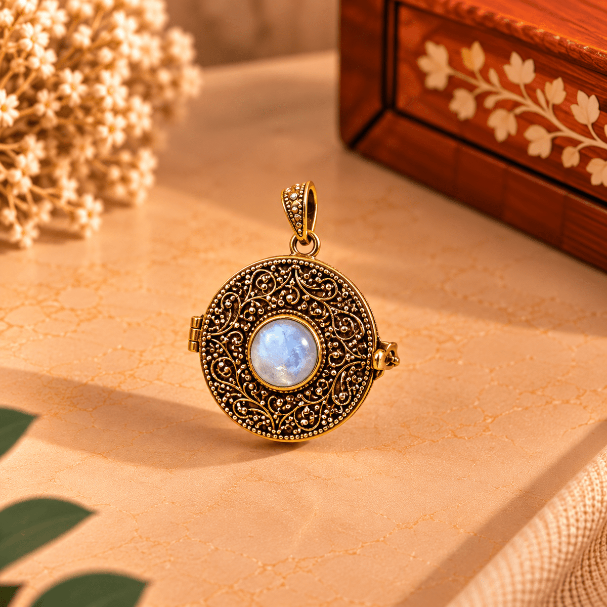 Dije Relicario Chandrika con Piedra Blanca y Diseño Floral - BOUTIQUEDELAINDIA