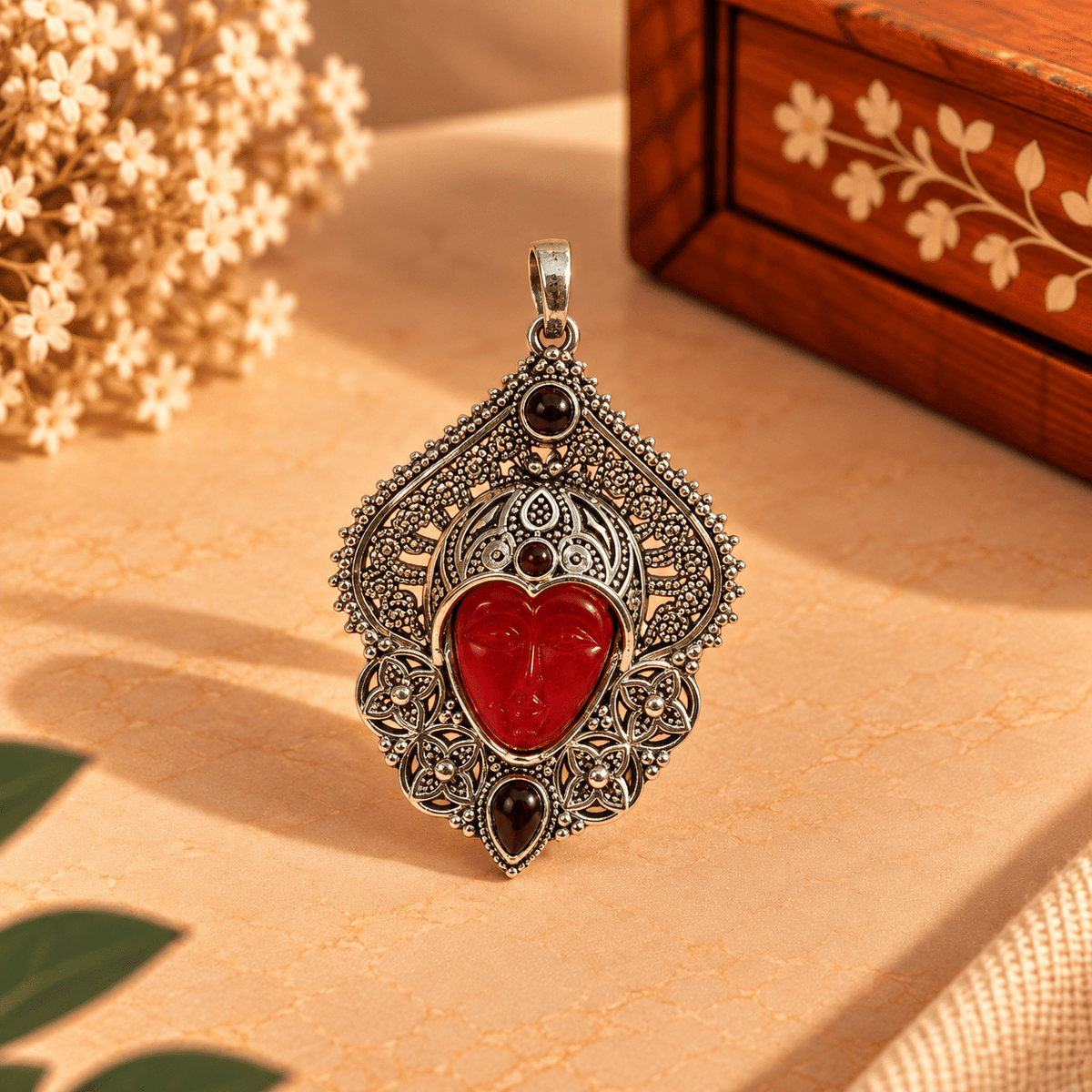 Dije de Bronce Plateado Devi Raksha con Rostro Tallado en Piedra Roja - BOUTIQUEDELAINDIA