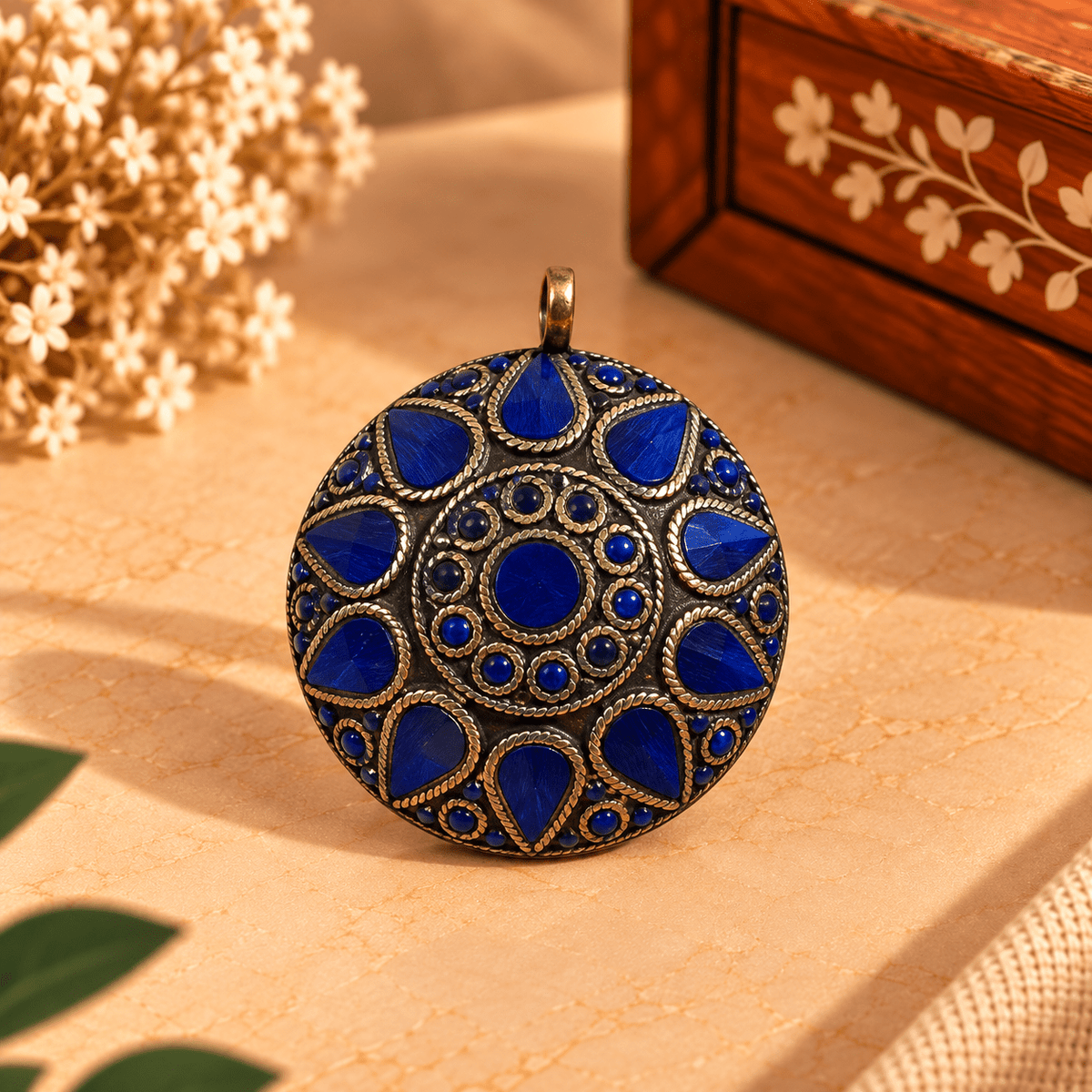Dije Mandala Azul Zafiro en Alpaca de Inspiración India - BOUTIQUEDELAINDIA