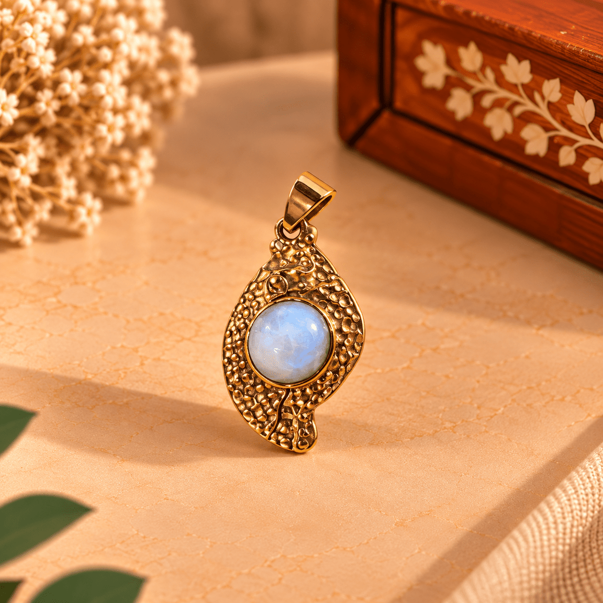 Dije Amrit con Piedra Blanca en Bronce Dorado de Inspiración India - BOUTIQUEDELAINDIA