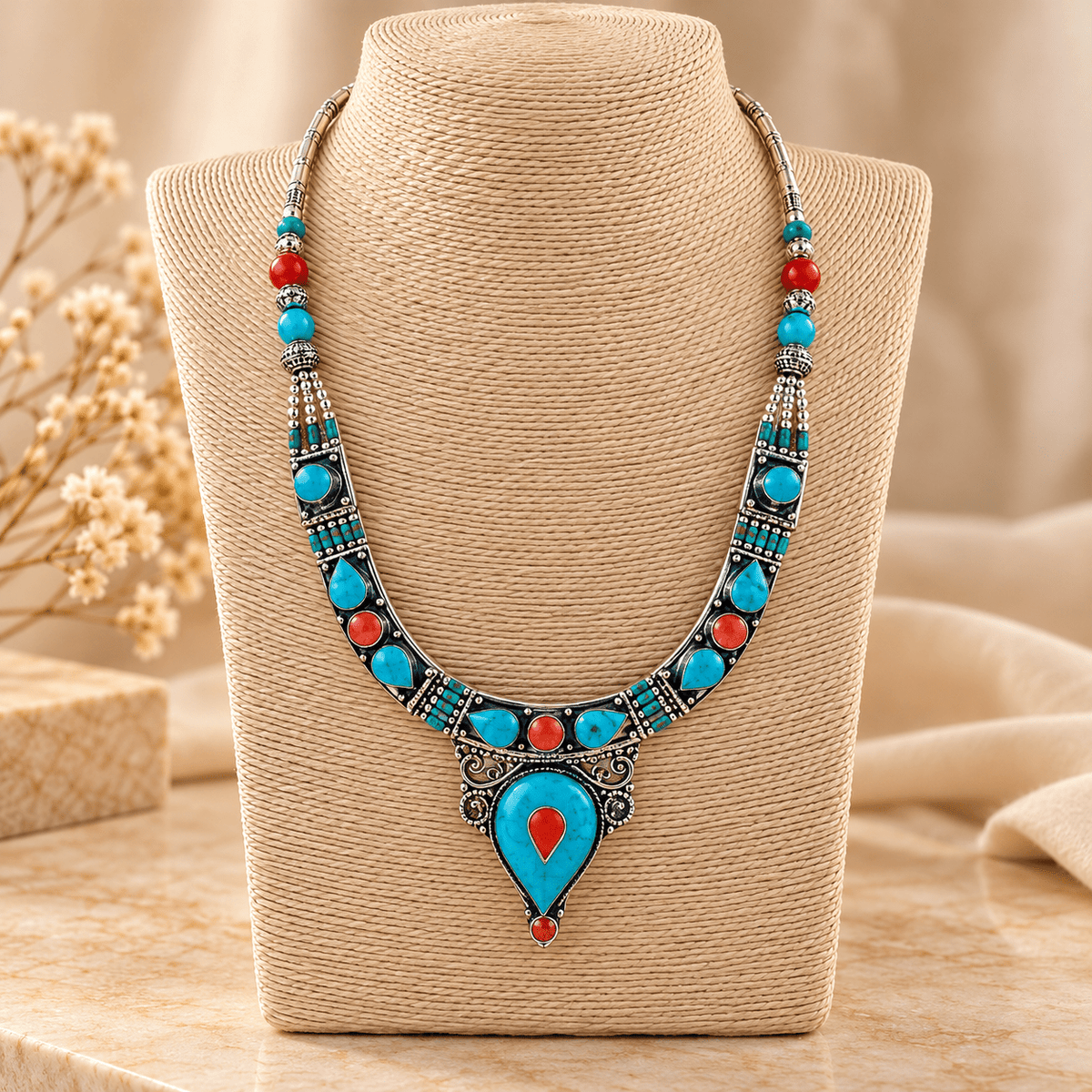 Collar Rajani con Piedras Naturales Turquesas y Rojas - BOUTIQUEDELAINDIA