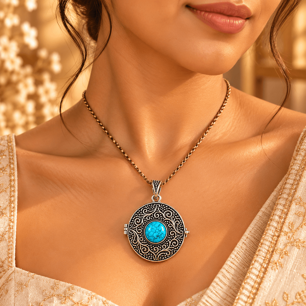 Dije Relicario Anaya en Bronce Plateado con Piedra Turquesa - BOUTIQUEDELAINDIA