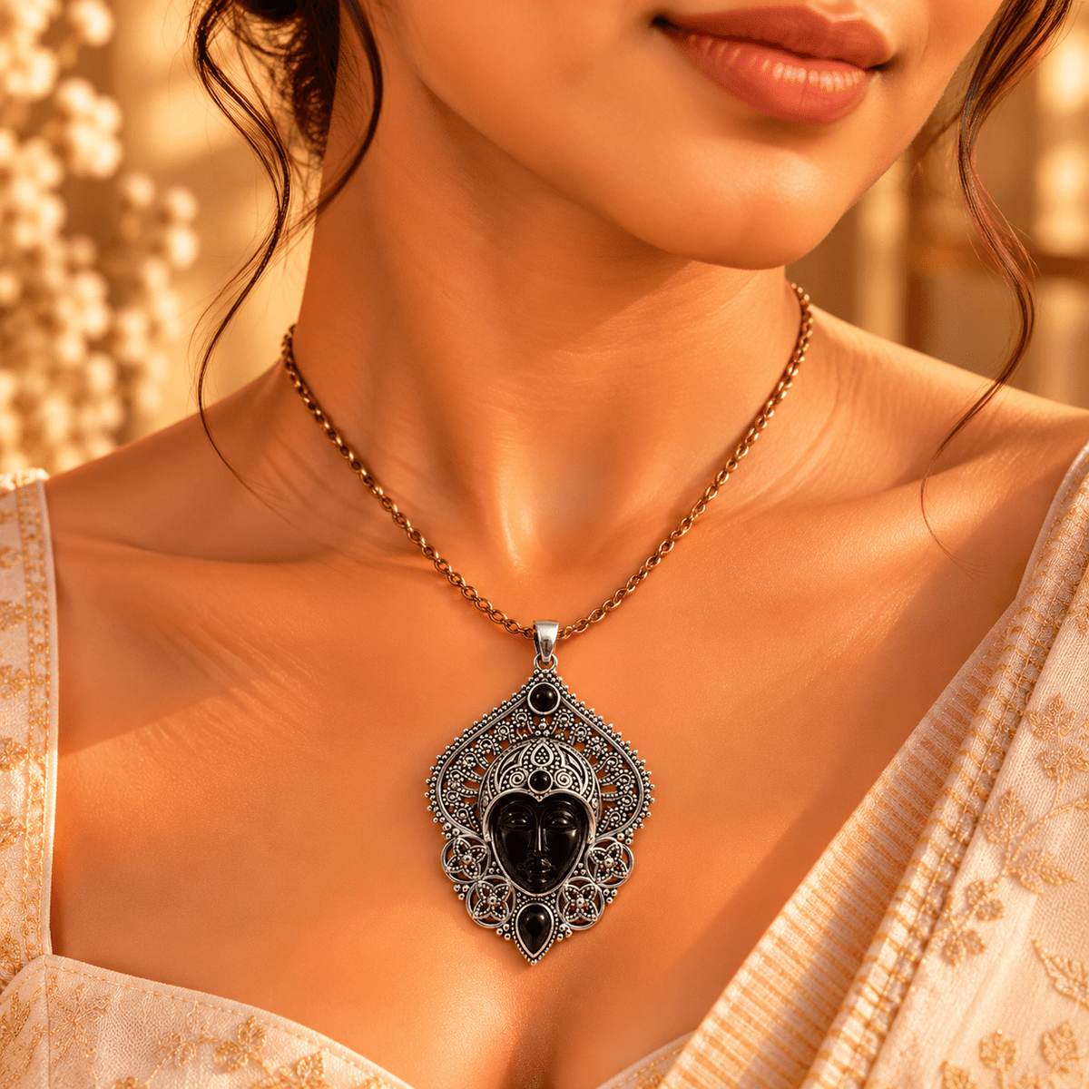 Dije de Bronce Plateado Kali Nisha con Rostro en Piedra Negra - BOUTIQUEDELAINDIA
